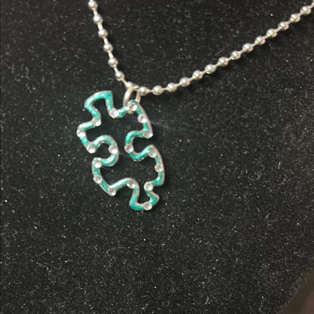 Silver and Green Autism Puzzle Piece w/Free Necklace - Handcrafted